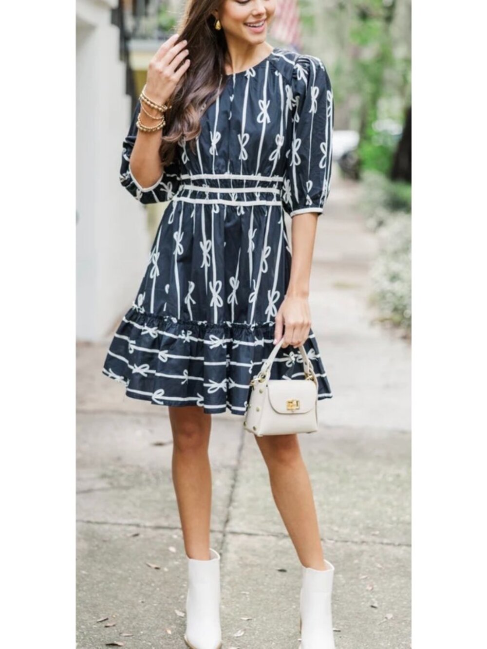 UMGEE Black + White On The Right Track Bow Print Women's Mini Length Dress Small